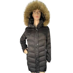Kenneth Cole Reaction Long Winter Coat With Faux Fur Trimmed Hood